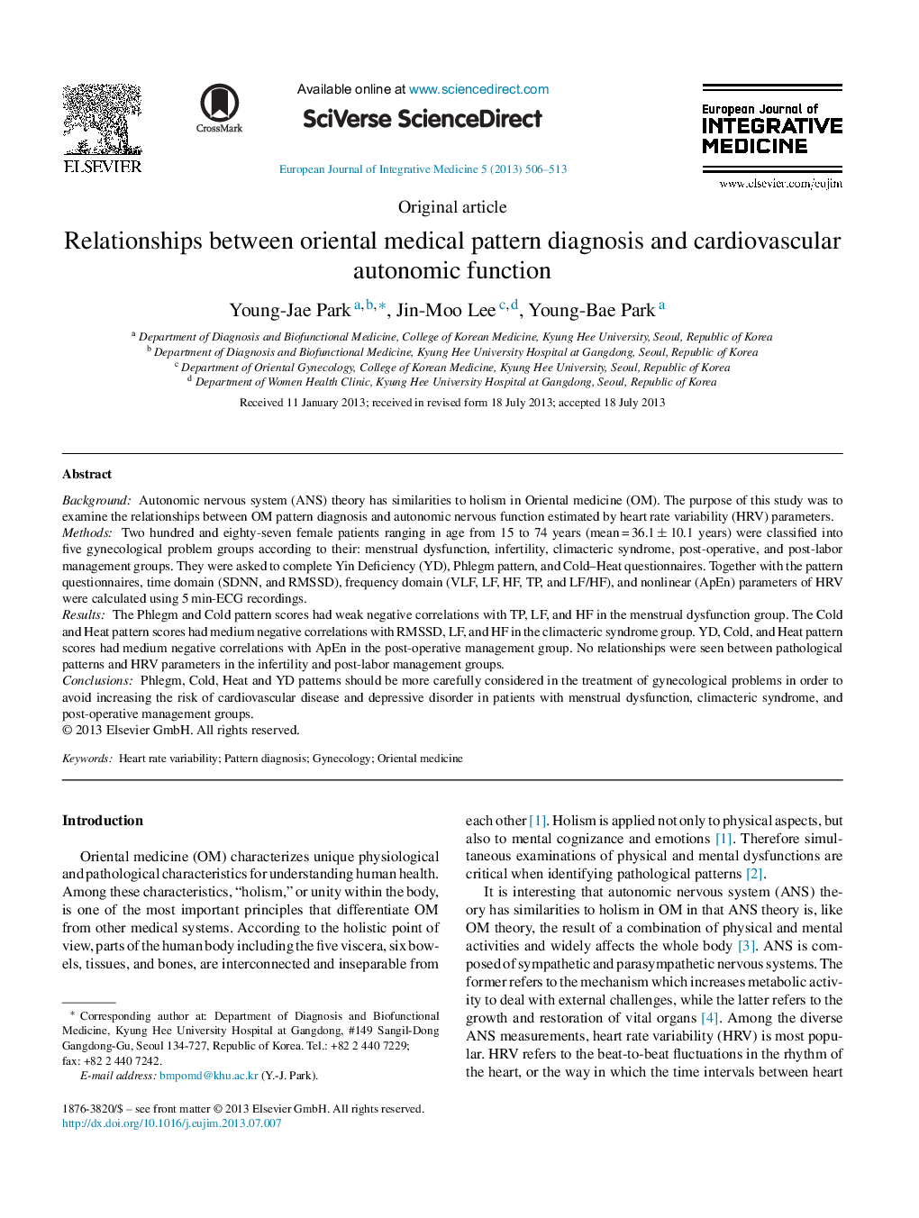 Relationships between oriental medical pattern diagnosis and cardiovascular autonomic function