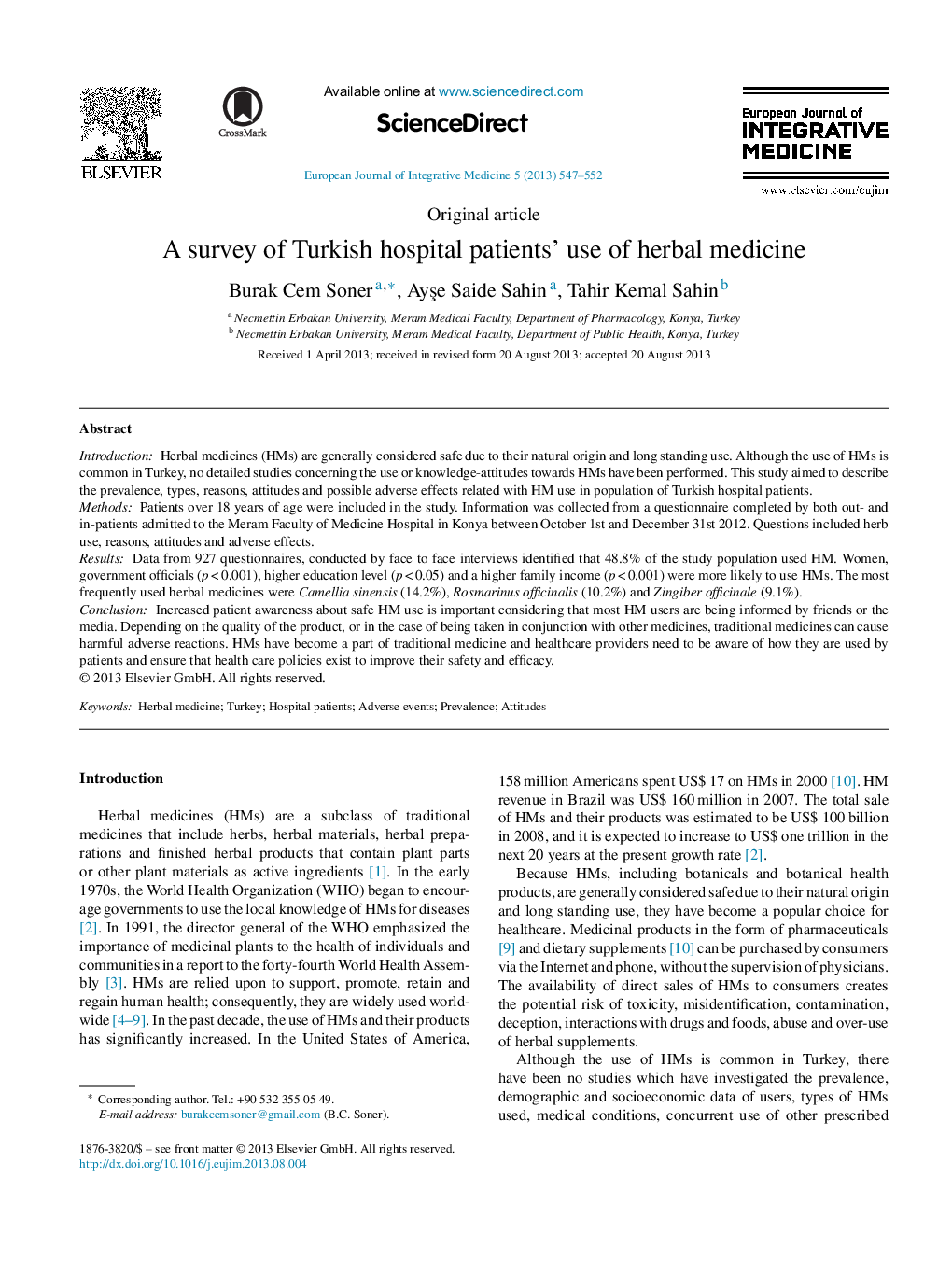 A survey of Turkish hospital patients' use of herbal medicine