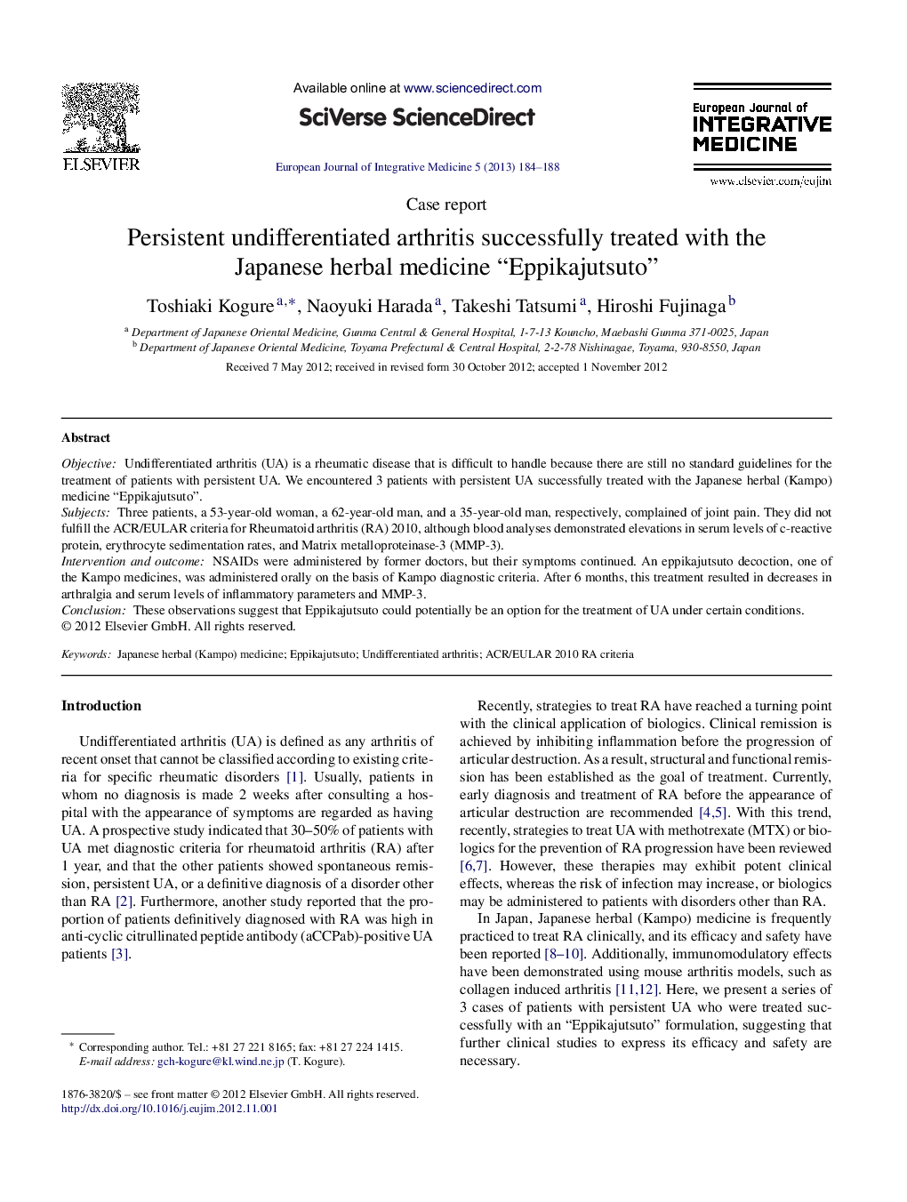 Persistent undifferentiated arthritis successfully treated with the Japanese herbal medicine “Eppikajutsuto”