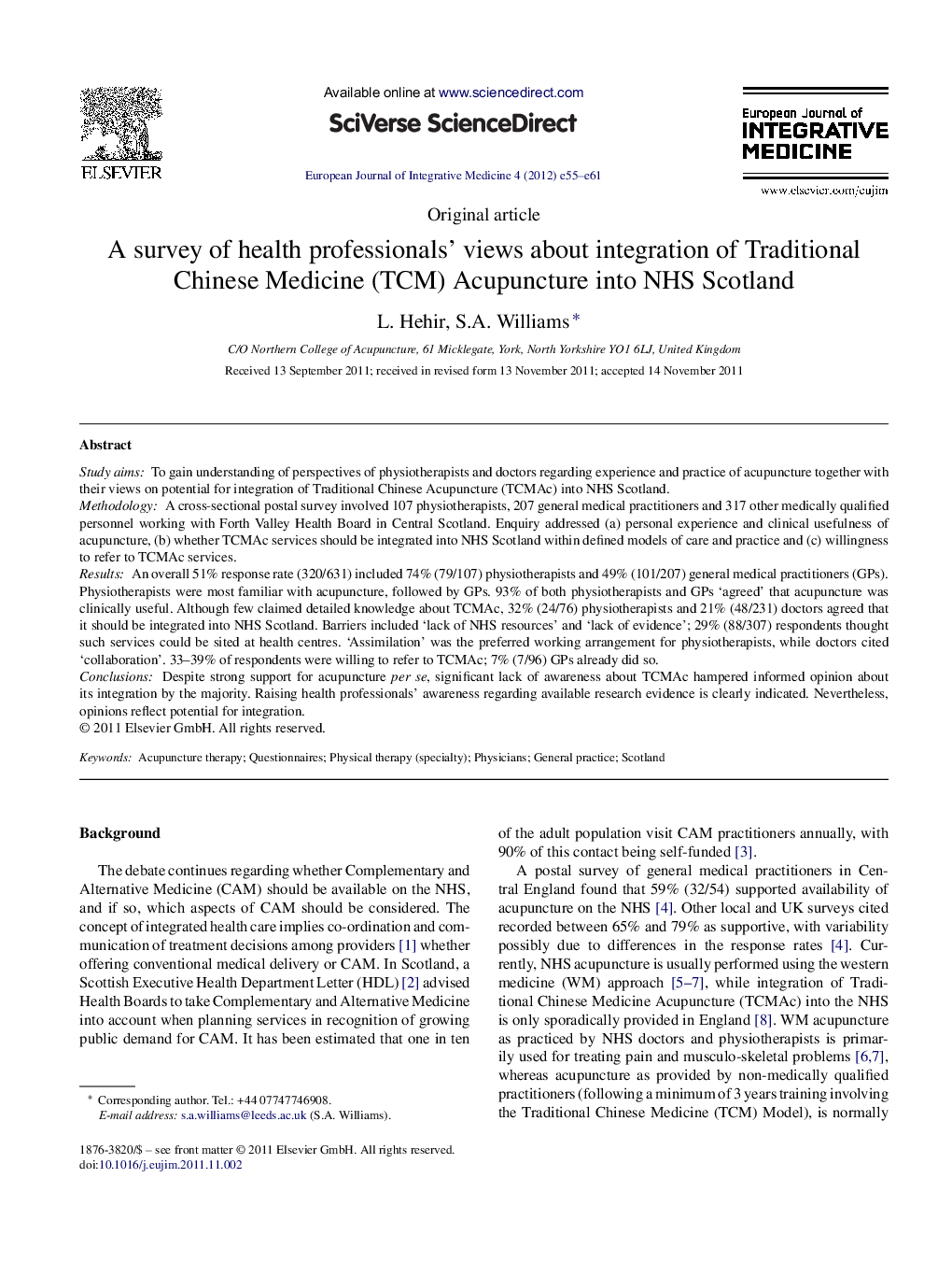 A survey of health professionals' views about integration of Traditional Chinese Medicine (TCM) Acupuncture into NHS Scotland