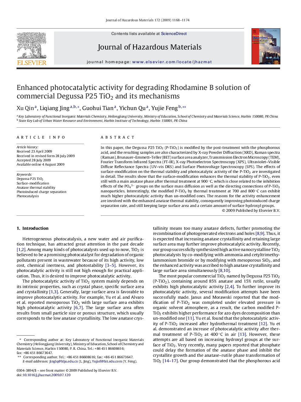 Enhanced photocatalytic activity for degrading Rhodamine B solution of commercial Degussa P25 TiO2 and its mechanisms