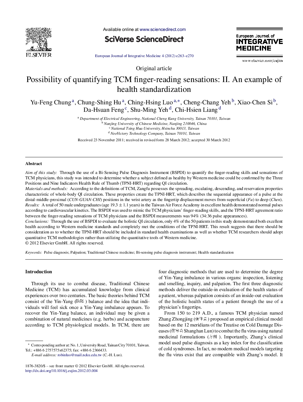 Possibility of quantifying TCM finger-reading sensations: II. An example of health standardization