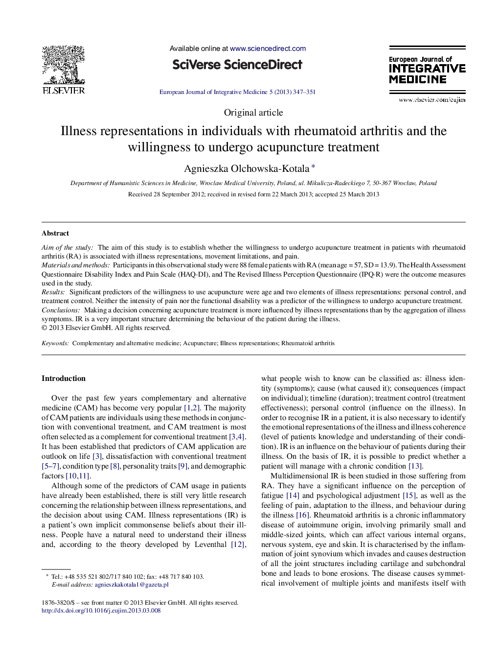 Illness representations in individuals with rheumatoid arthritis and the willingness to undergo acupuncture treatment