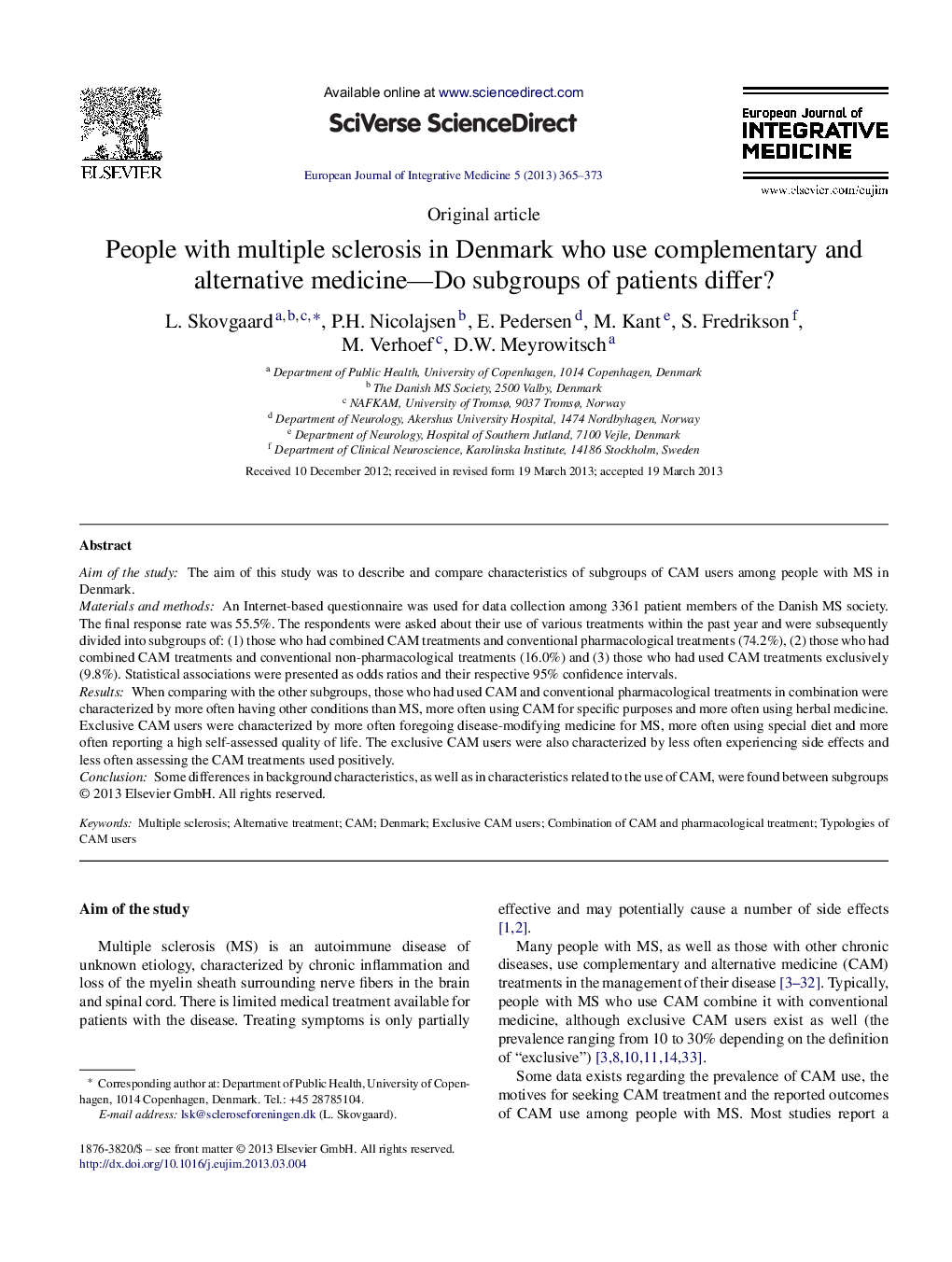 People with multiple sclerosis in Denmark who use complementary and alternative medicine-Do subgroups of patients differ?