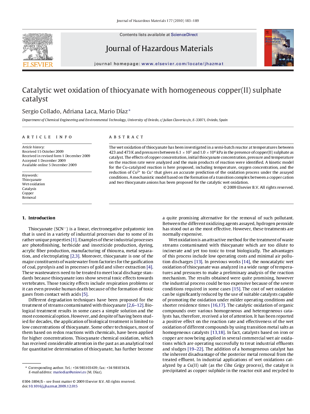 Catalytic wet oxidation of thiocyanate with homogeneous copper(II) sulphate catalyst