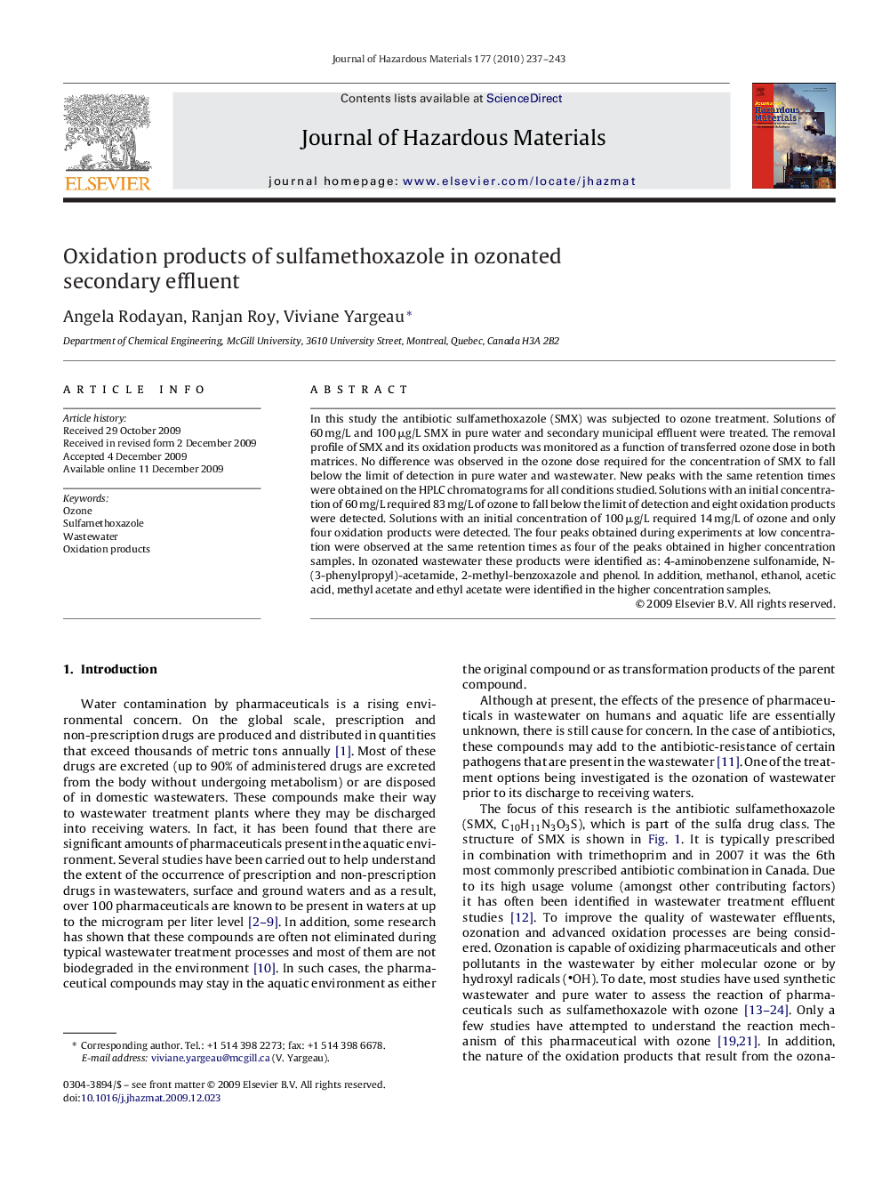 Oxidation products of sulfamethoxazole in ozonated secondary effluent