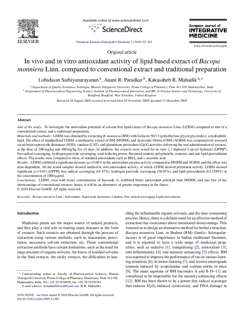 In vivo and in vitro antioxidant activity of lipid based extract of Bacopa monniera Linn. compared to conventional extract and traditional preparation