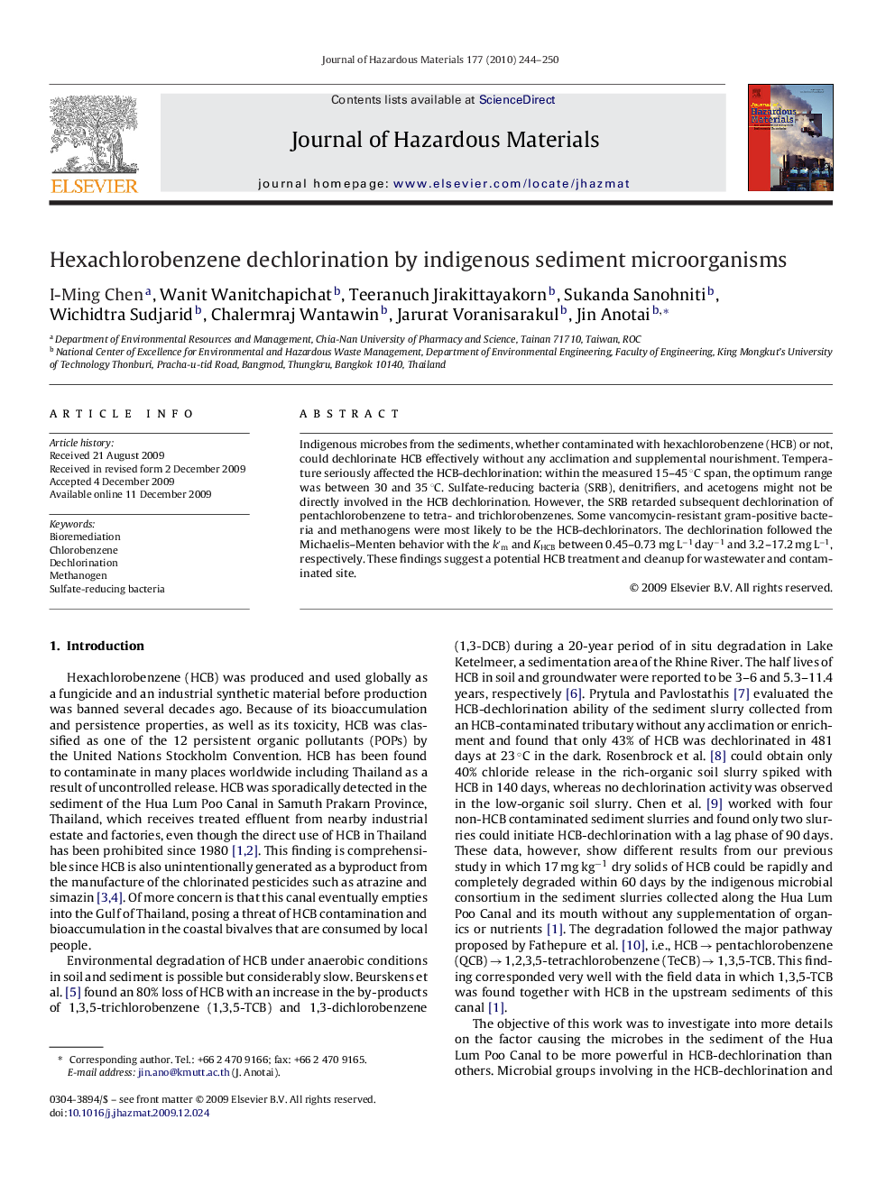 Hexachlorobenzene dechlorination by indigenous sediment microorganisms