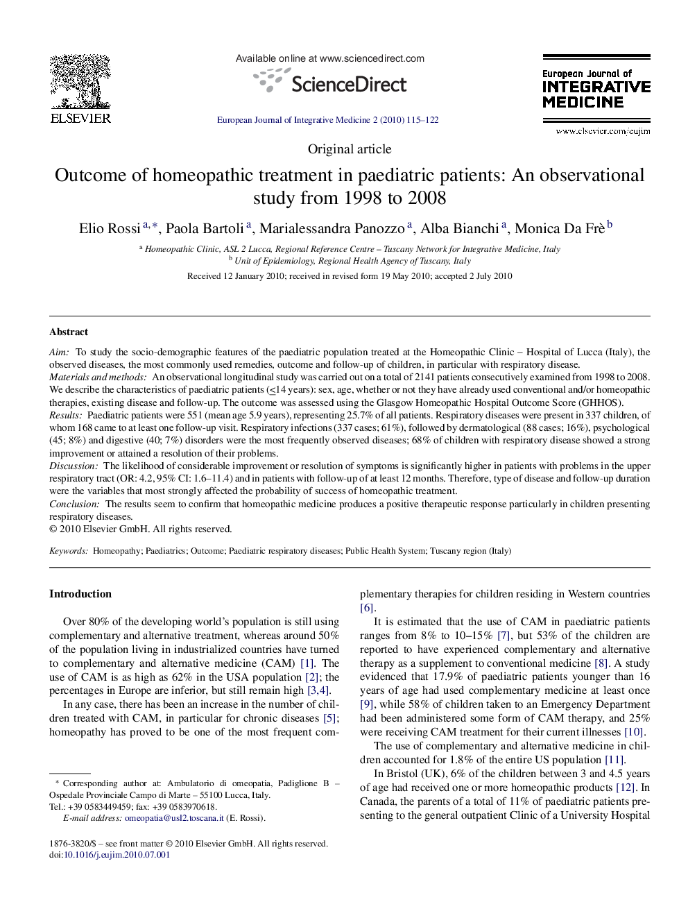 Outcome of homeopathic treatment in paediatric patients: An observational study from 1998 to 2008