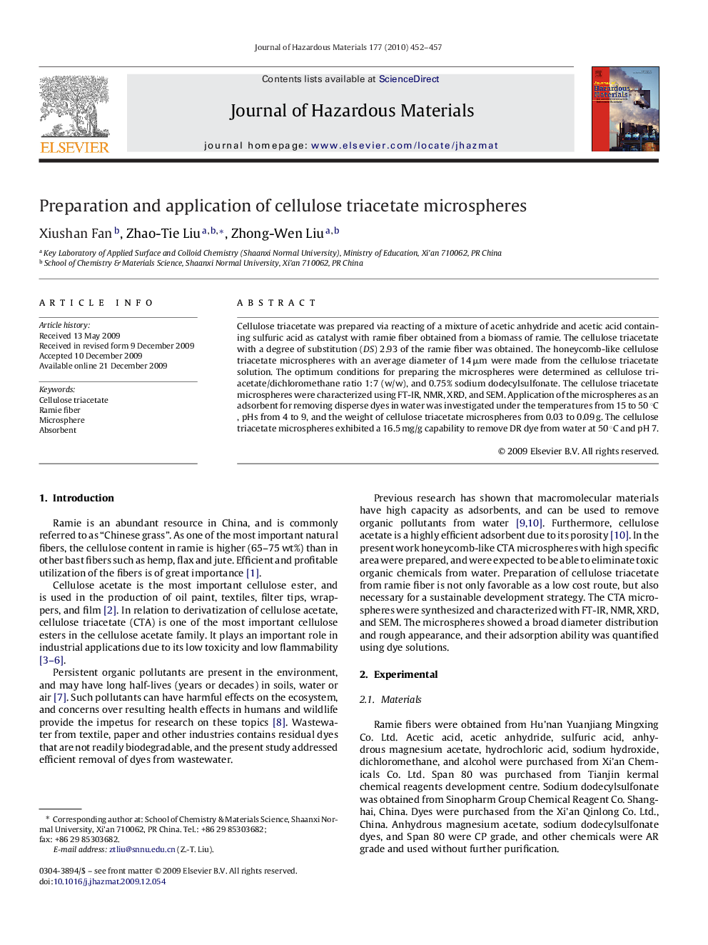 Preparation and application of cellulose triacetate microspheres