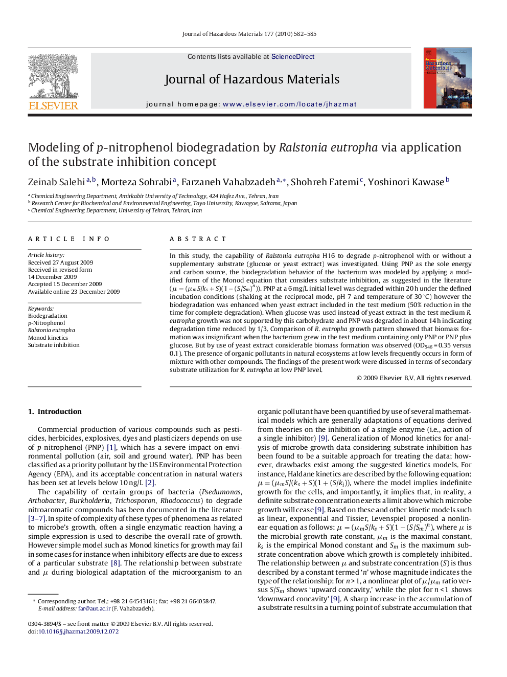 Modeling of p-nitrophenol biodegradation by Ralstonia eutropha via application of the substrate inhibition concept