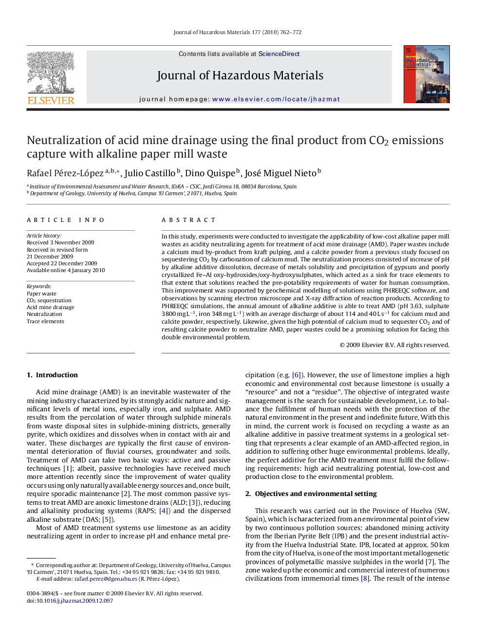 Neutralization of acid mine drainage using the final product from CO2 emissions capture with alkaline paper mill waste