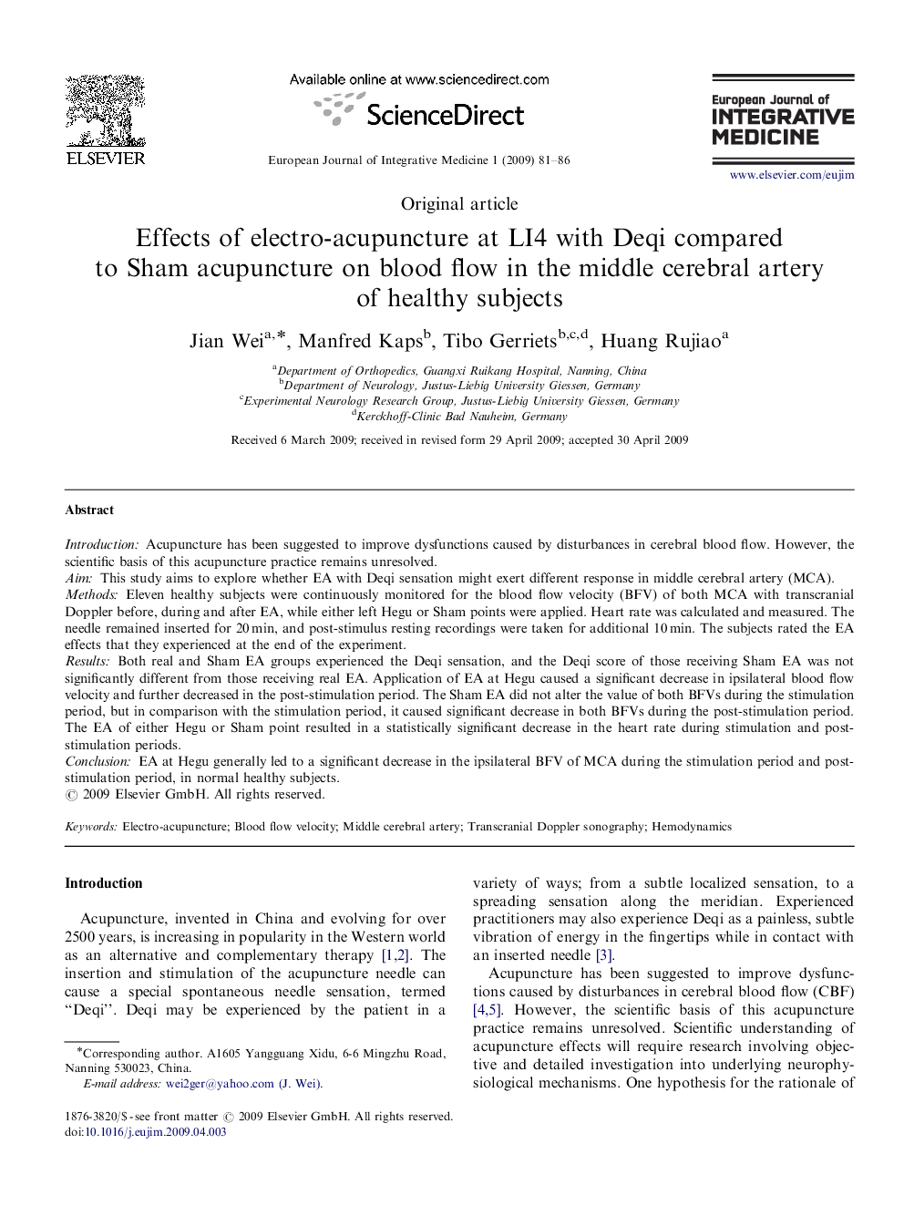 Effects of electro-acupuncture at LI4 with Deqi compared to Sham acupuncture on blood flow in the middle cerebral artery of healthy subjects