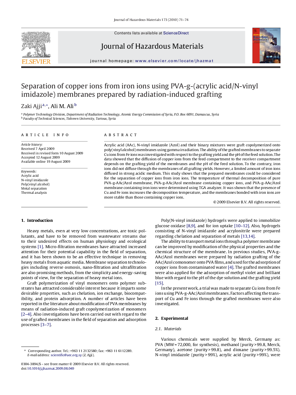 Separation of copper ions from iron ions using PVA-g-(acrylic acid/N-vinyl imidazole) membranes prepared by radiation-induced grafting