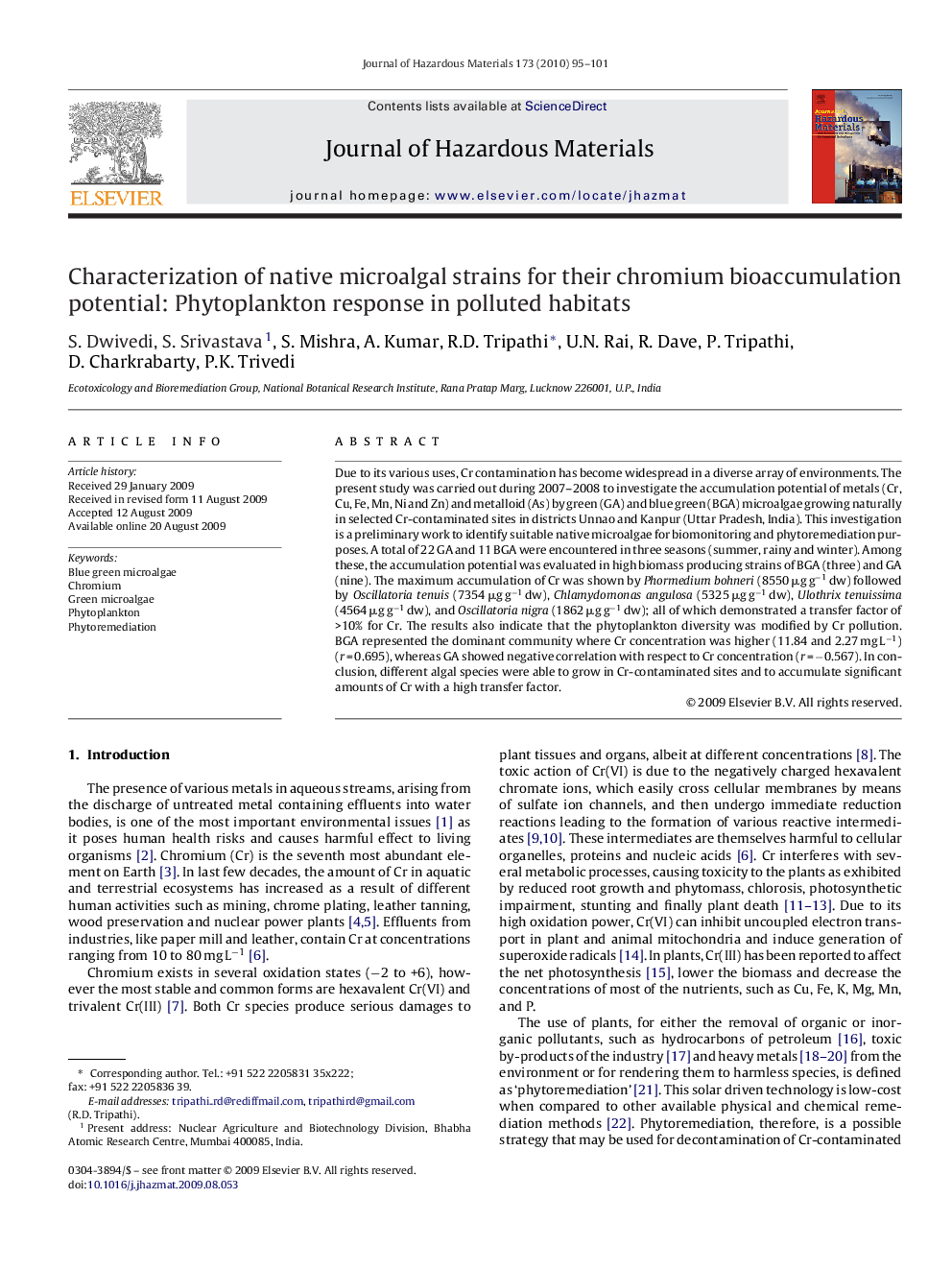 Characterization of native microalgal strains for their chromium bioaccumulation potential: Phytoplankton response in polluted habitats