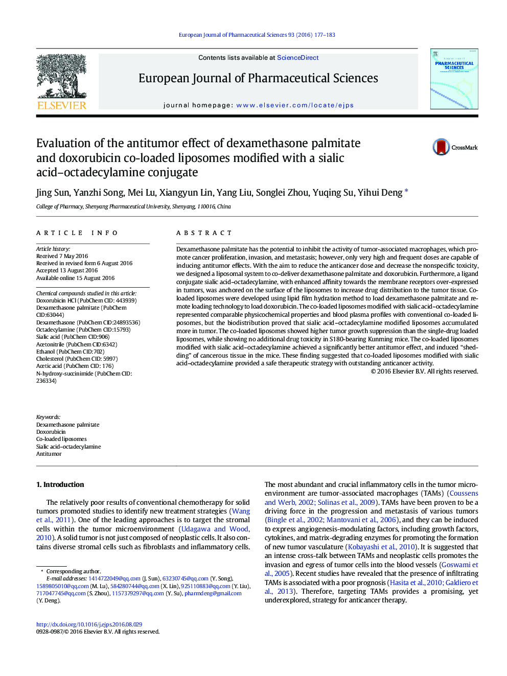 Evaluation of the antitumor effect of dexamethasone palmitate and doxorubicin co-loaded liposomes modified with a sialic acid-octadecylamine conjugate