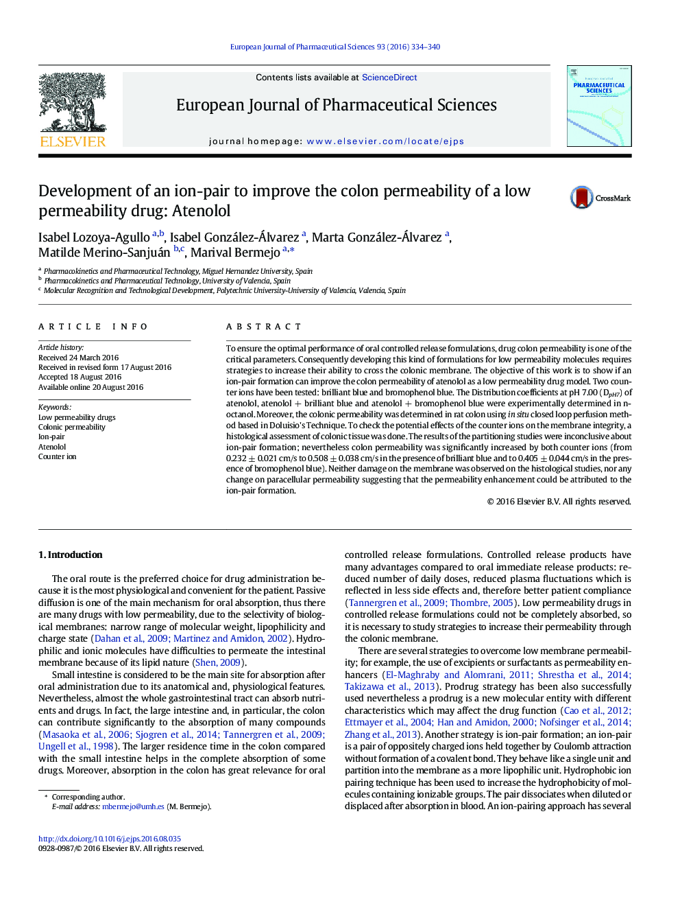 Development of an ion-pair to improve the colon permeability of a low permeability drug: Atenolol