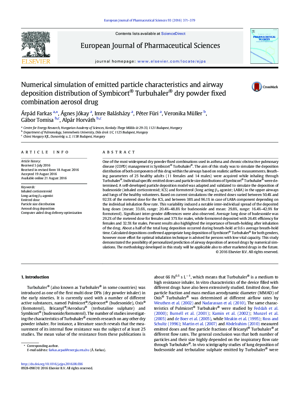 Numerical simulation of emitted particle characteristics and airway deposition distribution of Symbicort® Turbuhaler® dry powder fixed combination aerosol drug