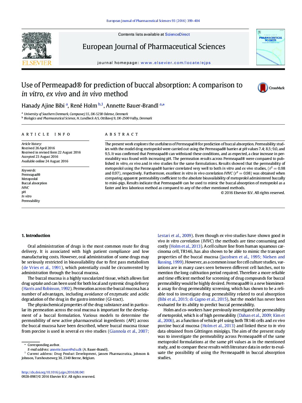 Use of Permeapad® for prediction of buccal absorption: A comparison to in vitro, ex vivo and in vivo method