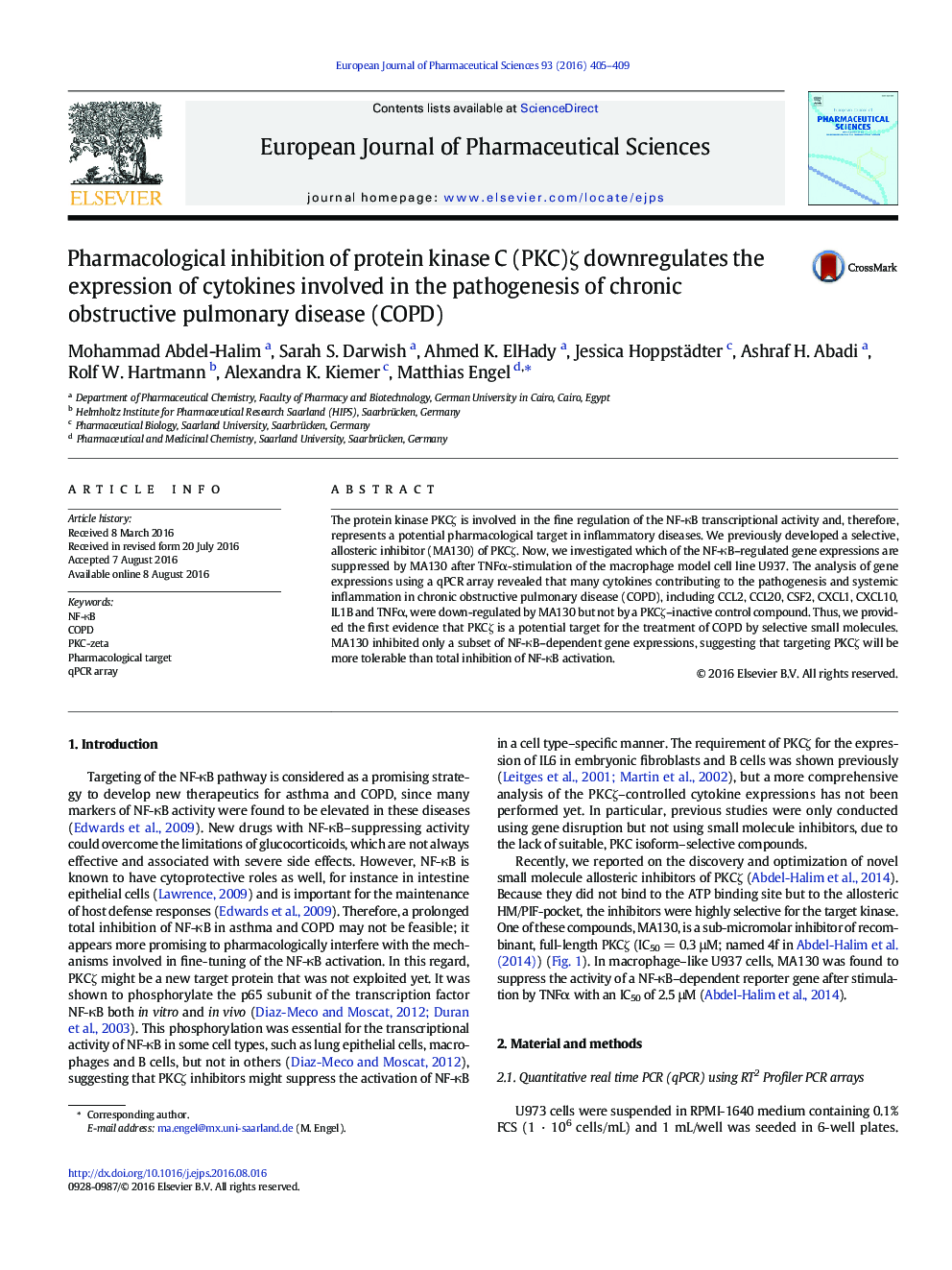 Pharmacological inhibition of protein kinase C (PKC)Î¶ downregulates the expression of cytokines involved in the pathogenesis of chronic obstructive pulmonary disease (COPD)