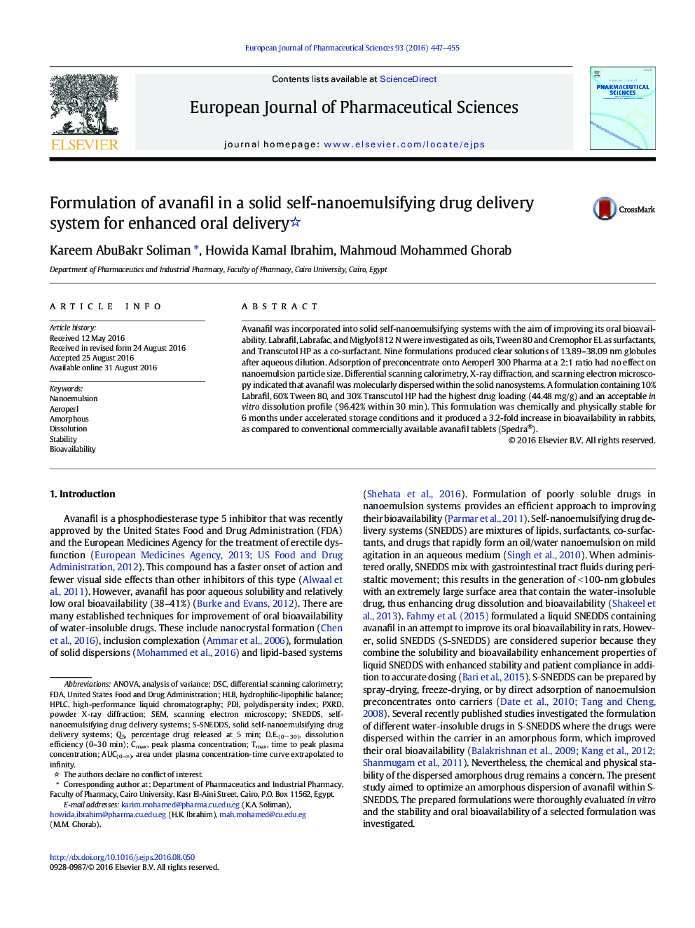 Formulation of avanafil in a solid self-nanoemulsifying drug delivery system for enhanced oral delivery