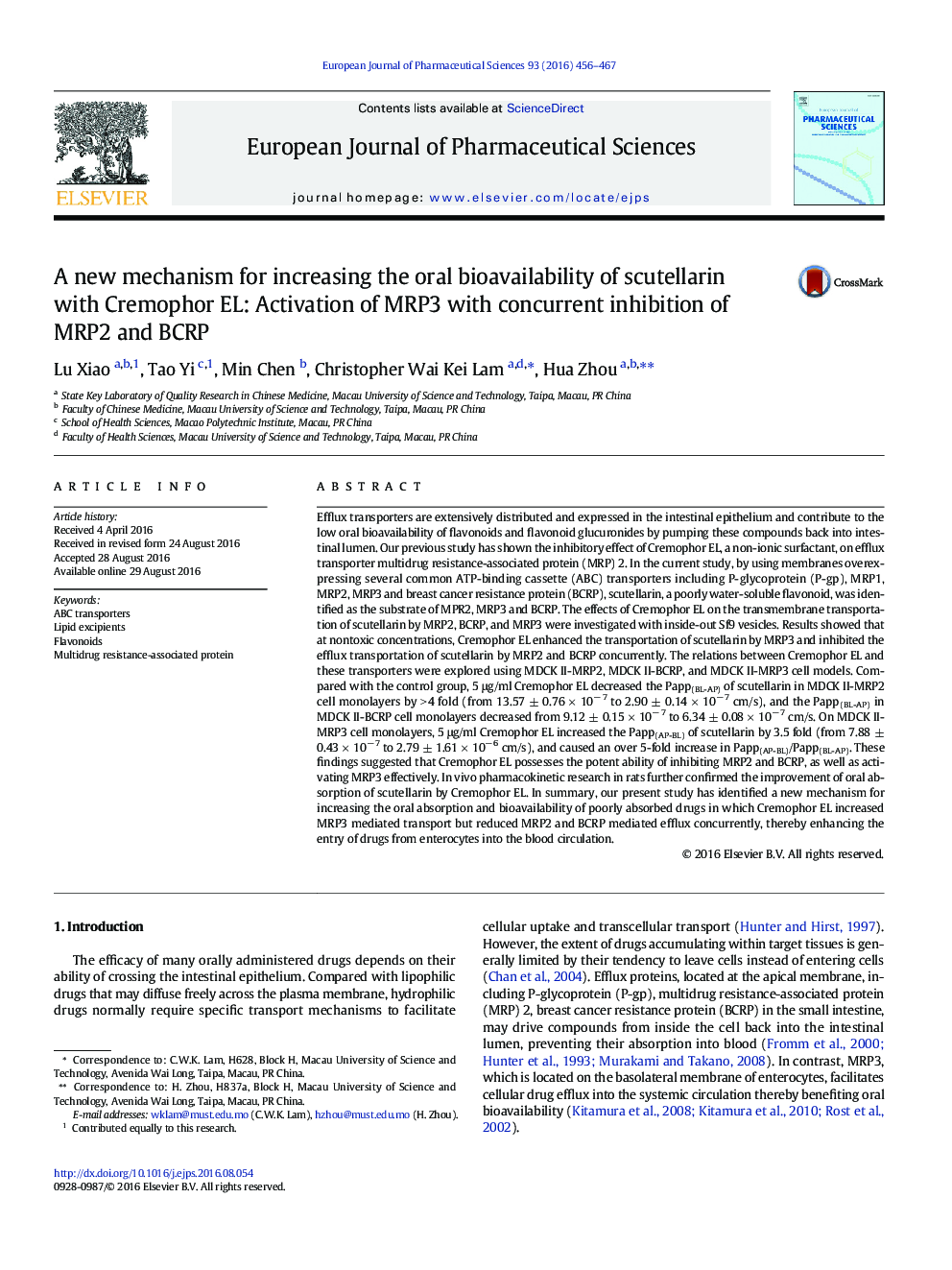 عکس صفحه اول مقاله: A new mechanism for increasing the oral bioavailability of scutellarin with Cremophor EL: Activation of MRP3 with concurrent inhibition of MRP2 and BCRP A new mechanism for increasing the oral bioavailability of scutellarin with Cremophor EL: Activation of MRP3 with concurrent inhibition of MRP2 and BCRP