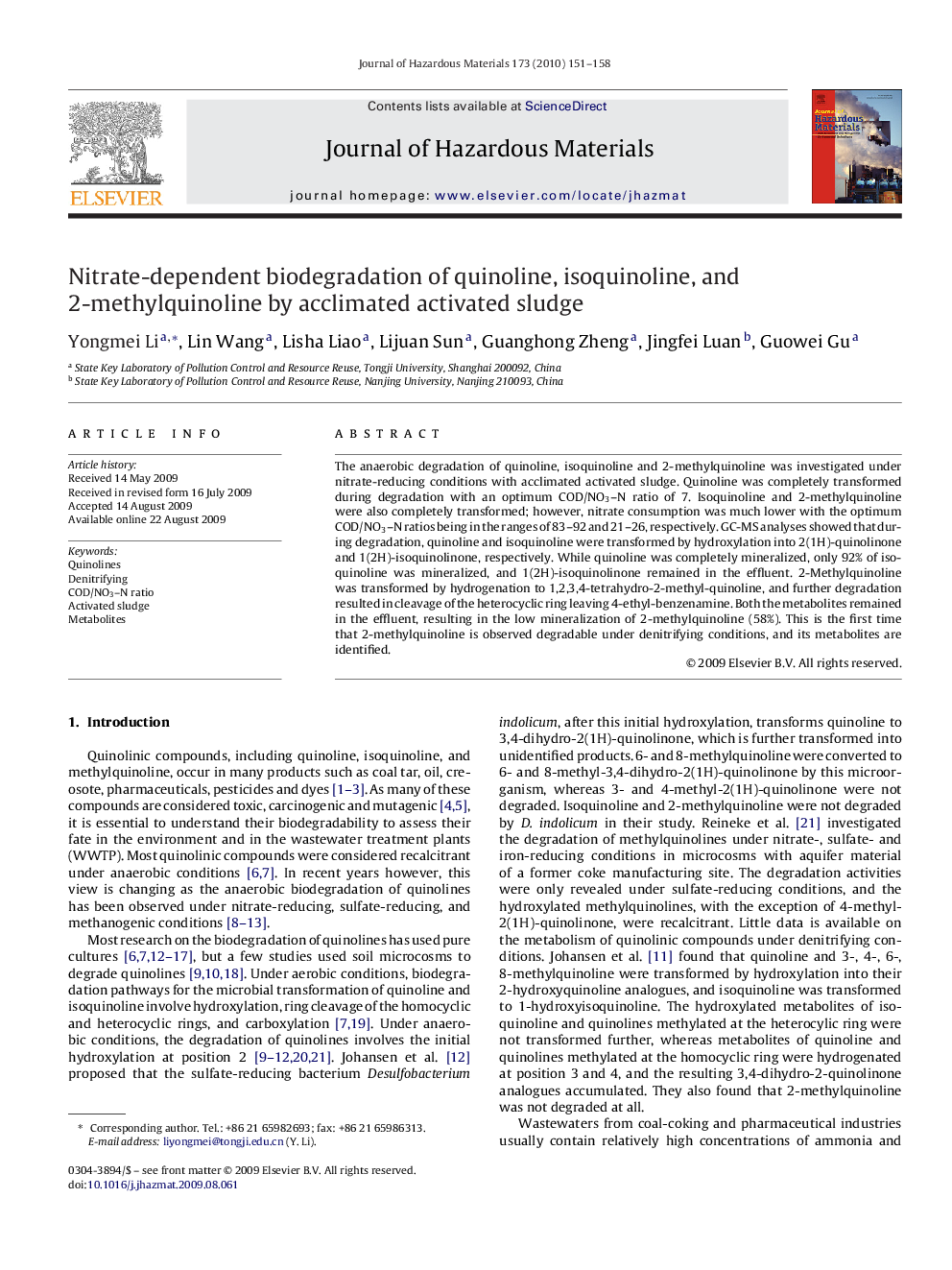 Nitrate-dependent biodegradation of quinoline, isoquinoline, and 2-methylquinoline by acclimated activated sludge