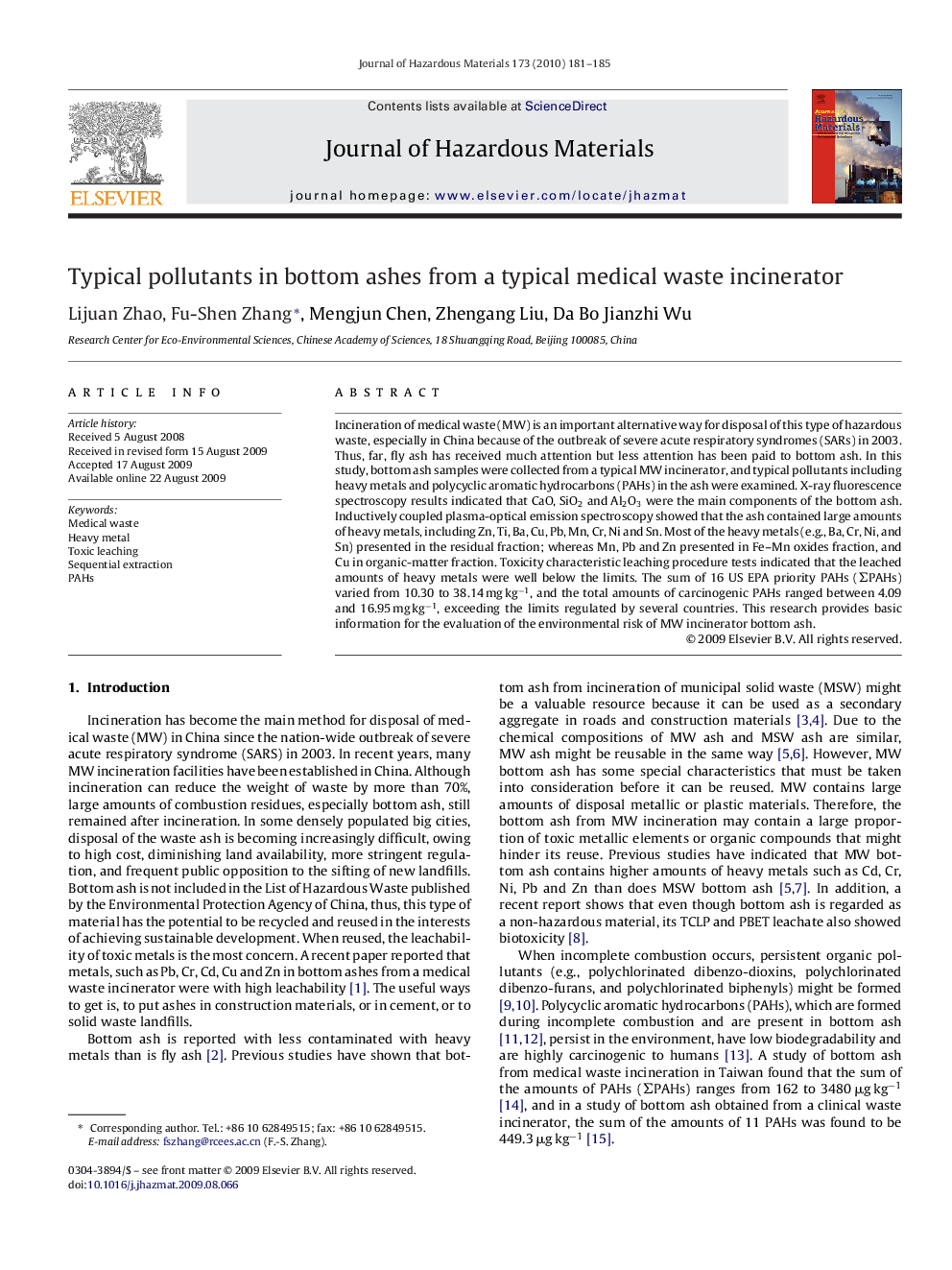 Typical pollutants in bottom ashes from a typical medical waste incinerator