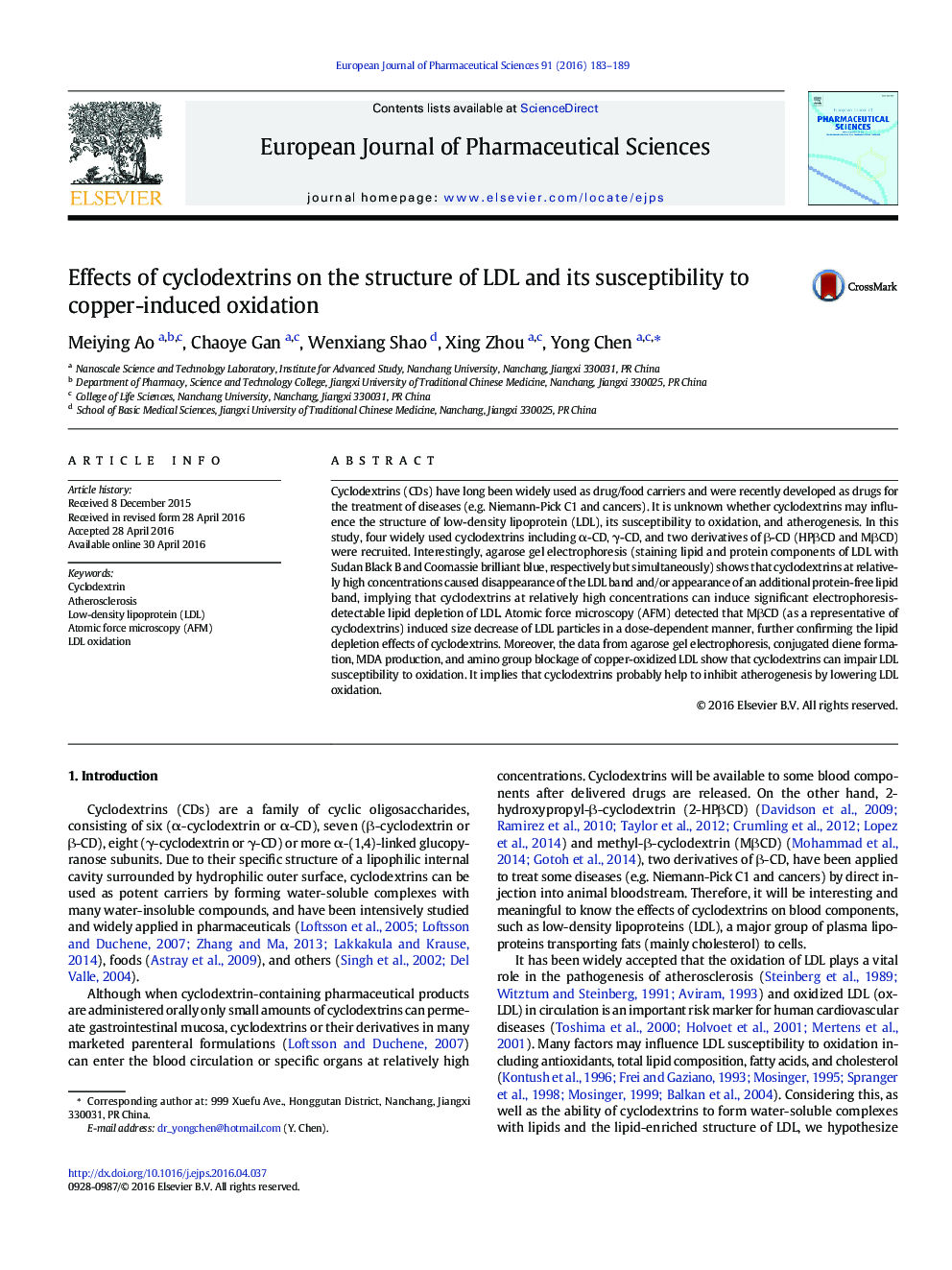 Effects of cyclodextrins on the structure of LDL and its susceptibility to copper-induced oxidation