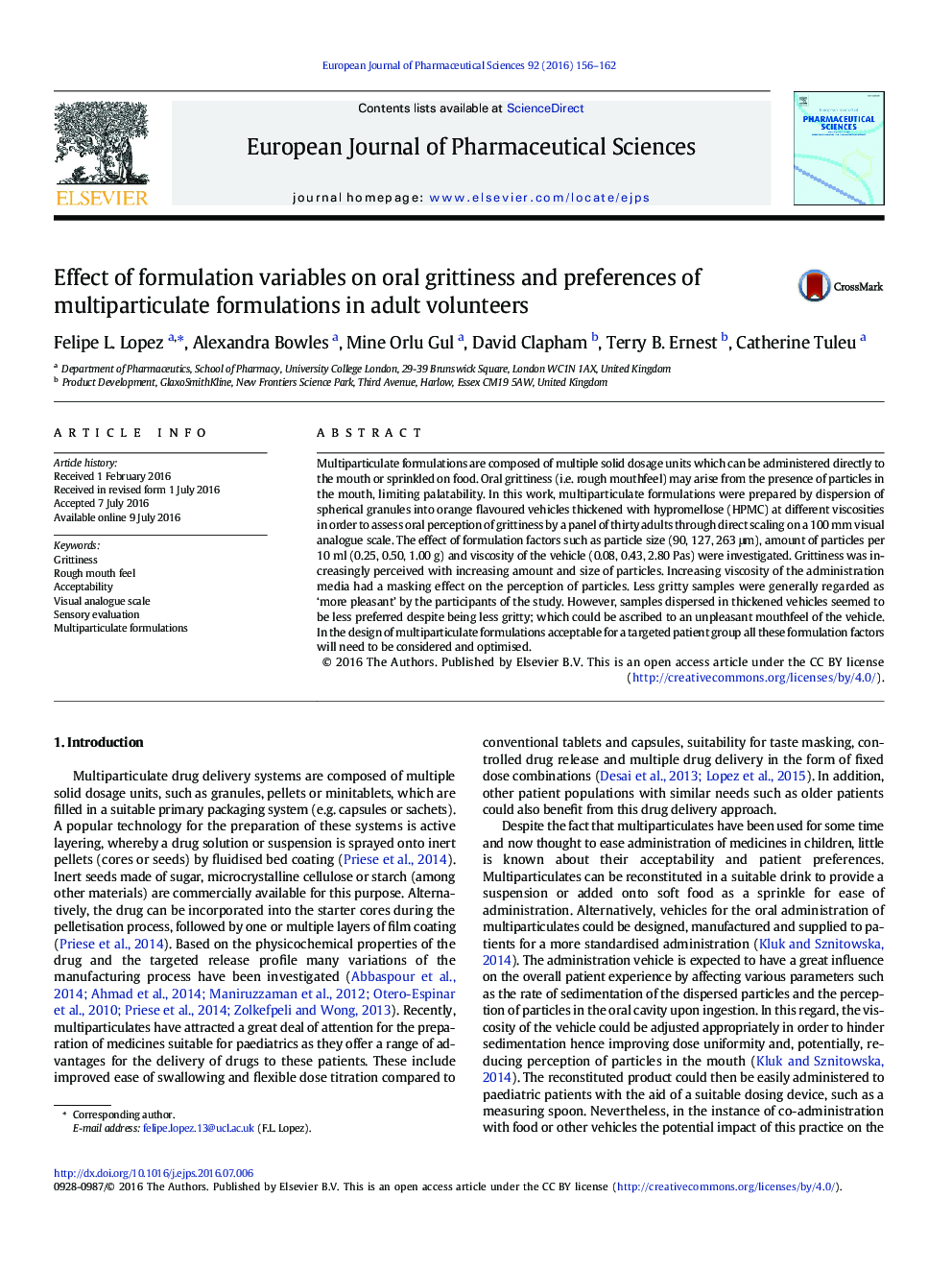 Effect of formulation variables on oral grittiness and preferences of multiparticulate formulations in adult volunteers