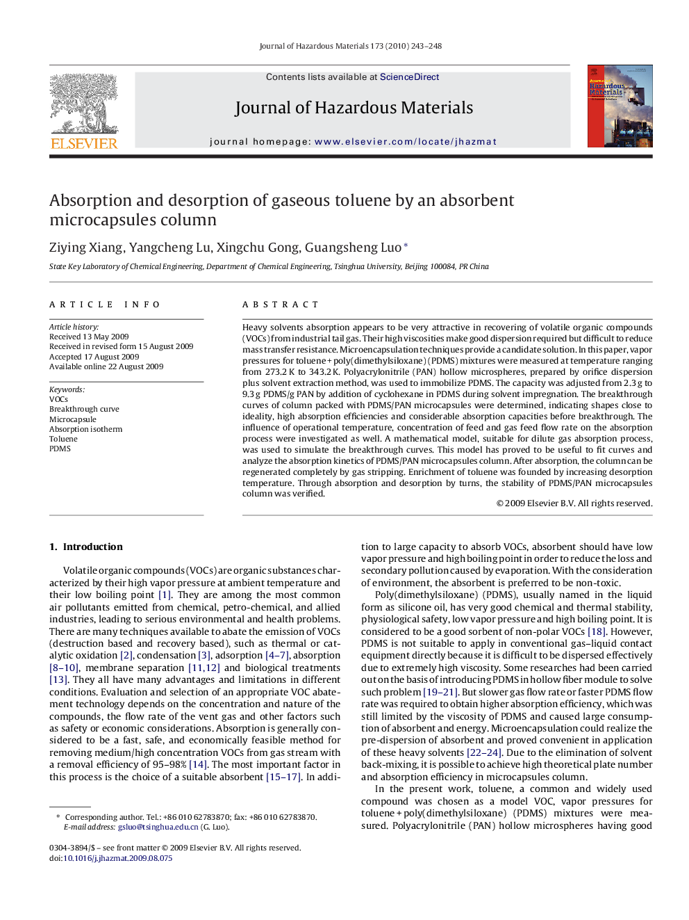 Absorption and desorption of gaseous toluene by an absorbent microcapsules column