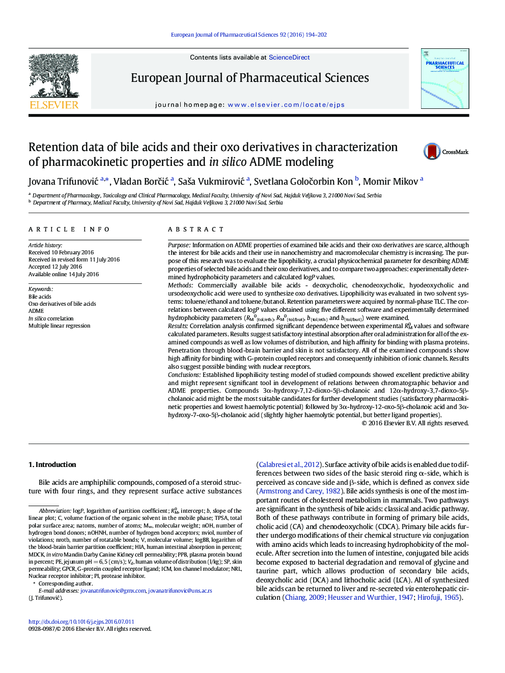 Retention data of bile acids and their oxo derivatives in characterization of pharmacokinetic properties and in silico ADME modeling