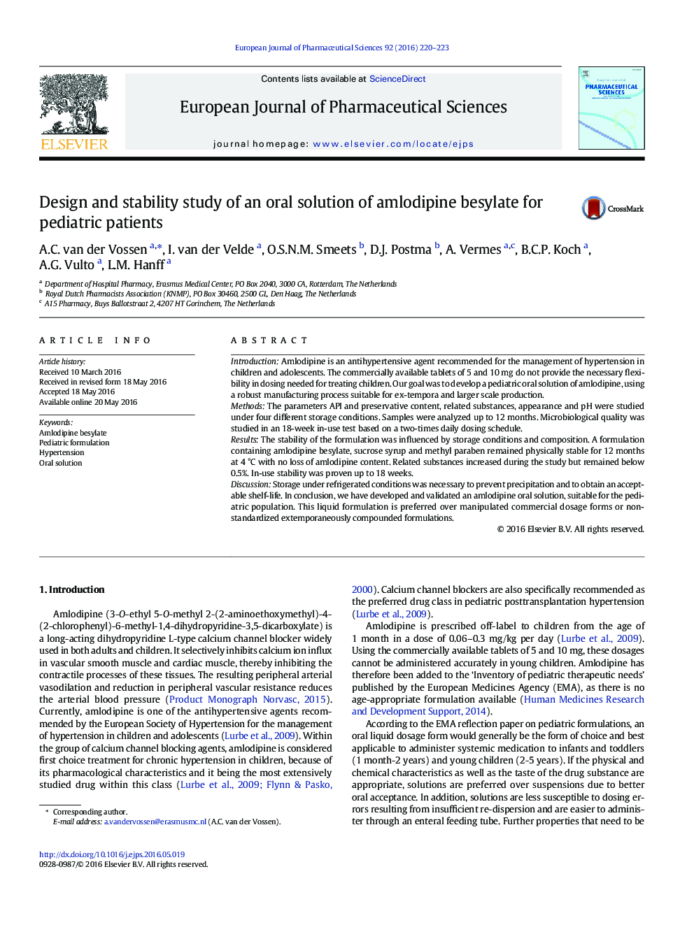 Design and stability study of an oral solution of amlodipine besylate for pediatric patients