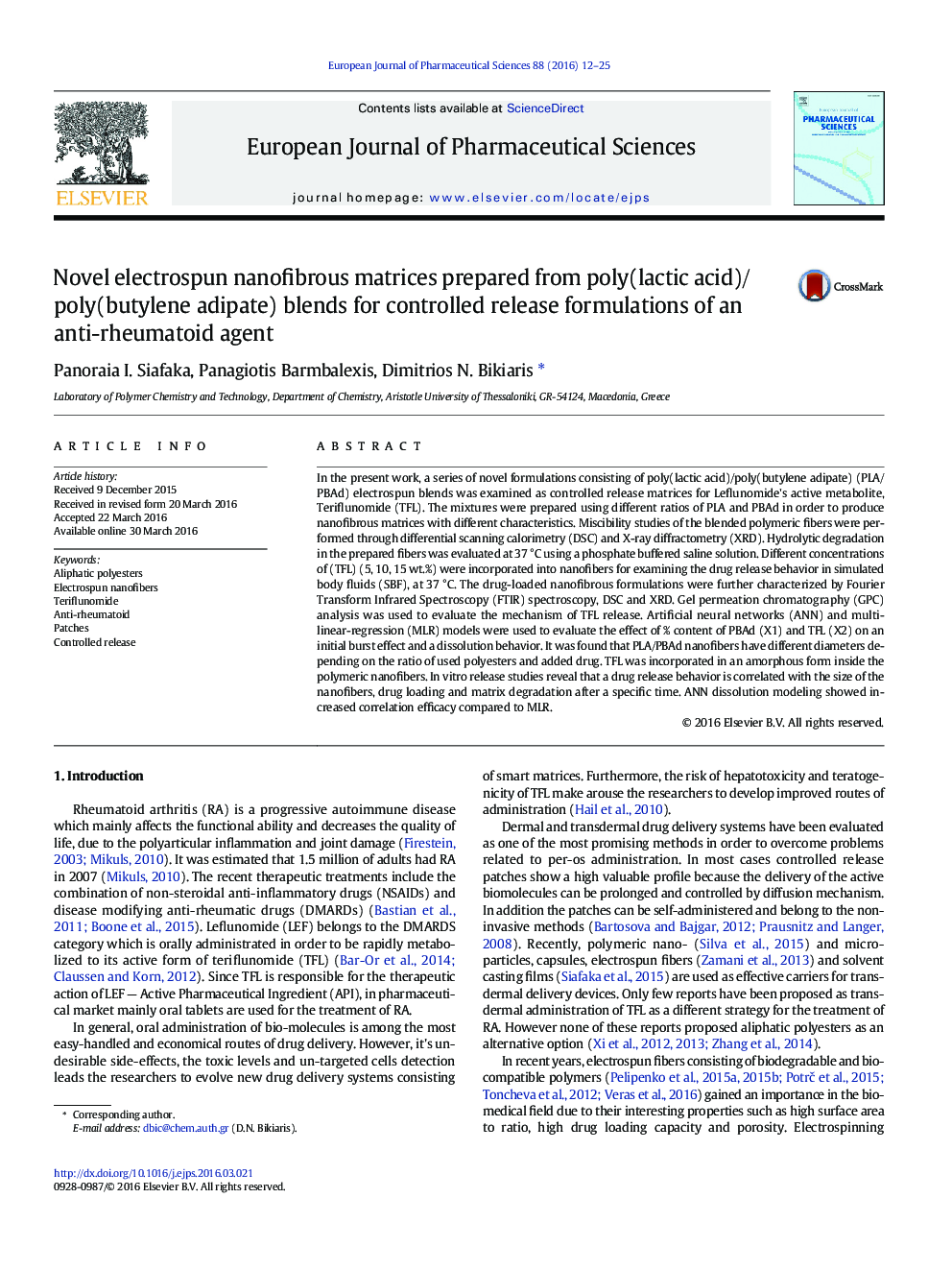 Novel electrospun nanofibrous matrices prepared from poly(lactic acid)/poly(butylene adipate) blends for controlled release formulations of an anti-rheumatoid agent