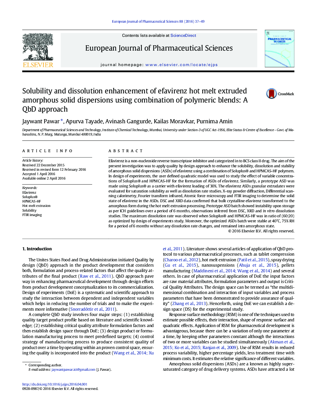 Solubility and dissolution enhancement of efavirenz hot melt extruded amorphous solid dispersions using combination of polymeric blends: A QbD approach