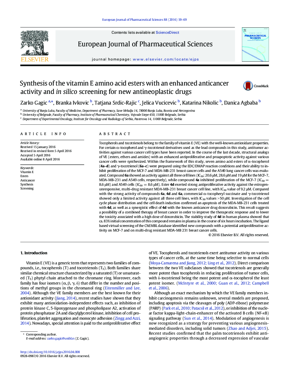 Synthesis of the vitamin E amino acid esters with an enhanced anticancer activity and in silico screening for new antineoplastic drugs