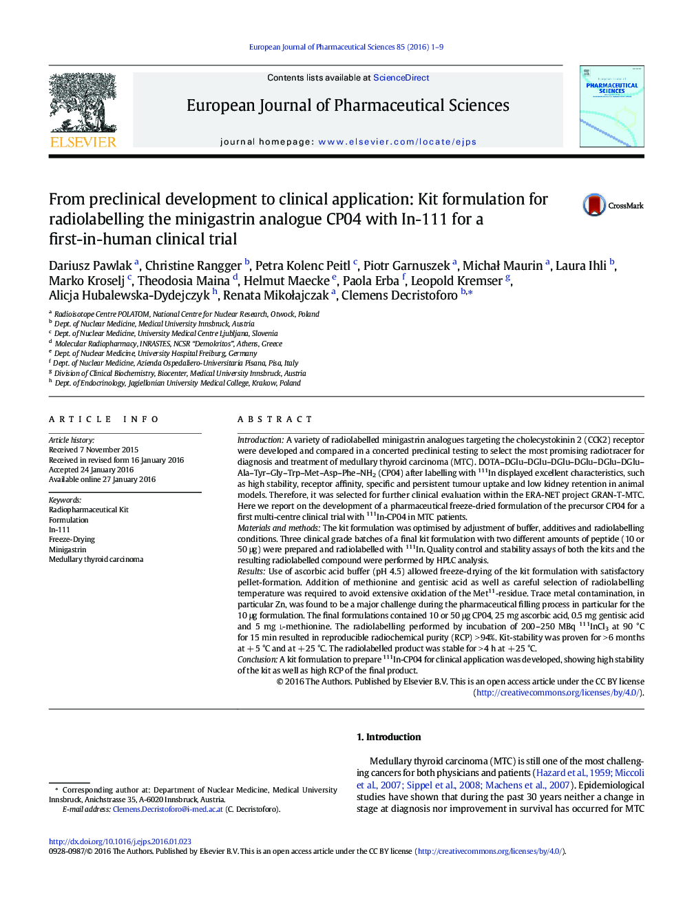 From preclinical development to clinical application: Kit formulation for radiolabelling the minigastrin analogue CP04 with In-111 for a first-in-human clinical trial