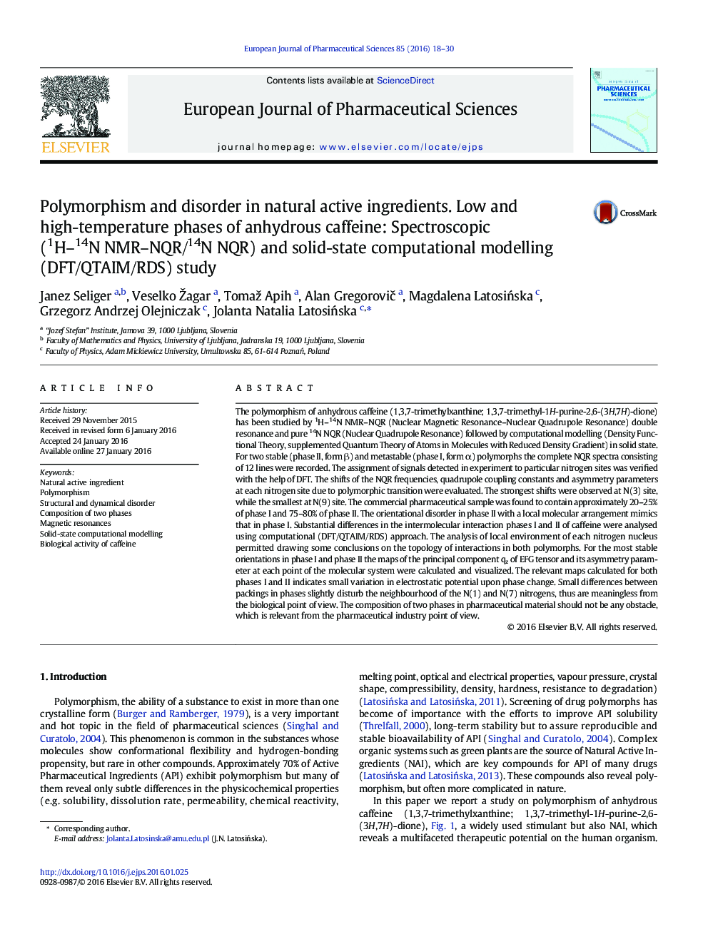 Polymorphism and disorder in natural active ingredients. Low and high-temperature phases of anhydrous caffeine: Spectroscopic (1H-14N NMR-NQR/14N NQR) and solid-state computational modelling (DFT/QTAIM/RDS) study