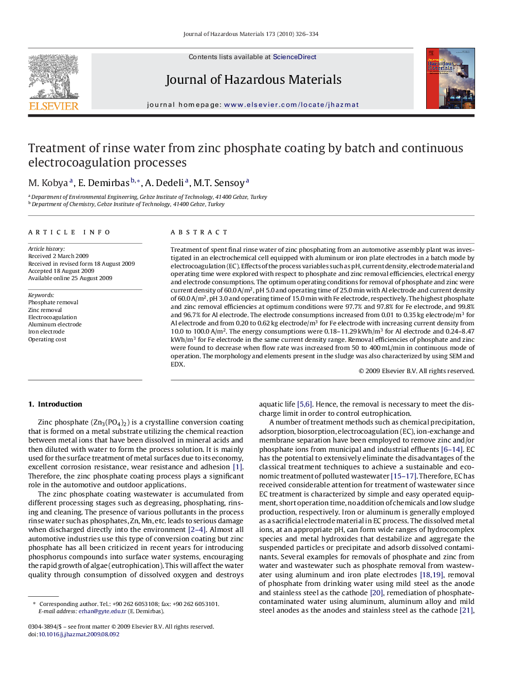 Treatment of rinse water from zinc phosphate coating by batch and continuous electrocoagulation processes