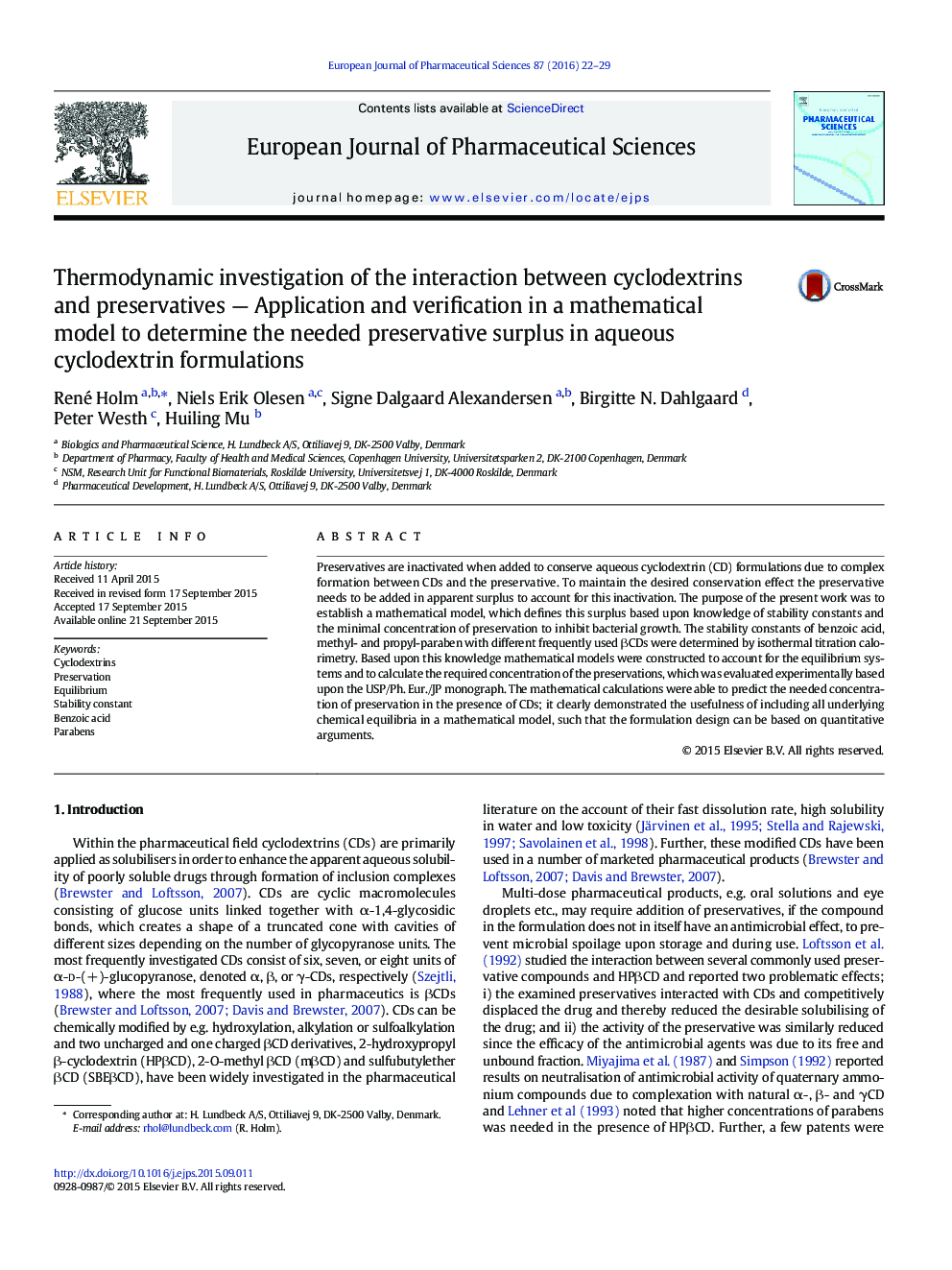 Thermodynamic investigation of the interaction between cyclodextrins and preservatives - Application and verification in a mathematical model to determine the needed preservative surplus in aqueous cyclodextrin formulations