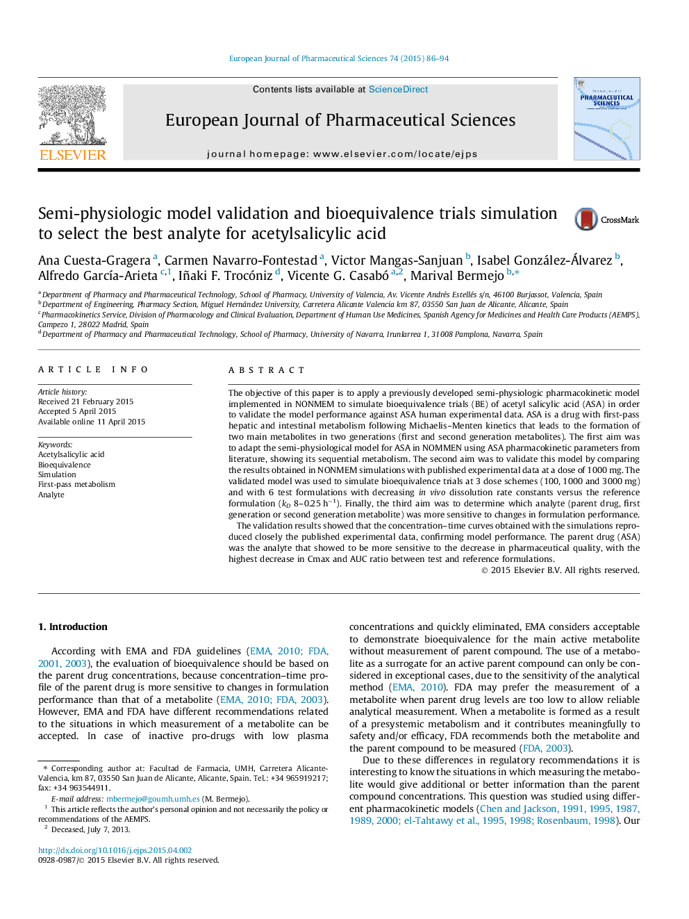 Semi-physiologic model validation and bioequivalence trials simulation to select the best analyte for acetylsalicylic acid