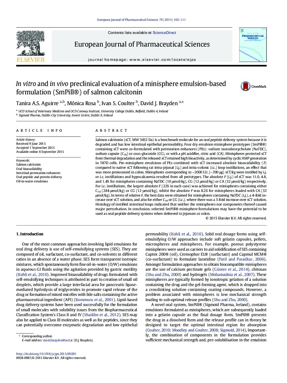 In vitro and in vivo preclinical evaluation of a minisphere emulsion-based formulation (SmPill®) of salmon calcitonin