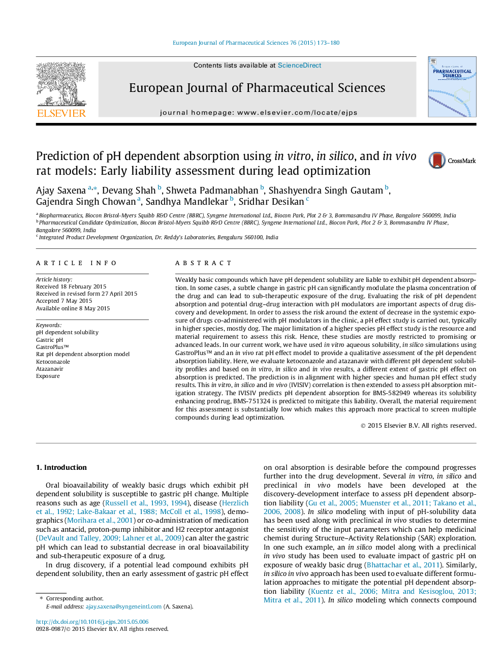 Prediction of pH dependent absorption using in vitro, in silico, and in vivo rat models: Early liability assessment during lead optimization