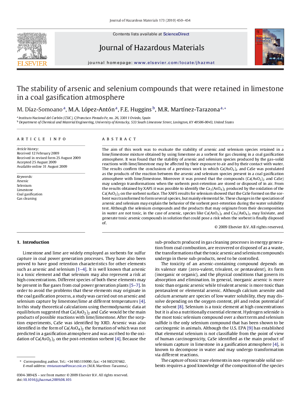 The stability of arsenic and selenium compounds that were retained in limestone in a coal gasification atmosphere