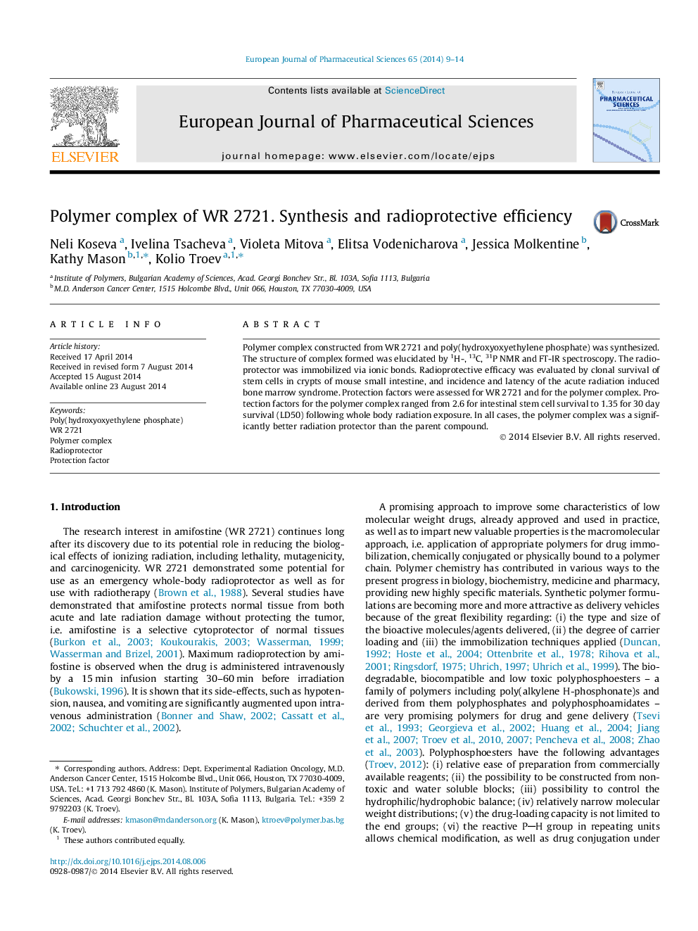 Polymer complex of WR 2721. Synthesis and radioprotective efficiency