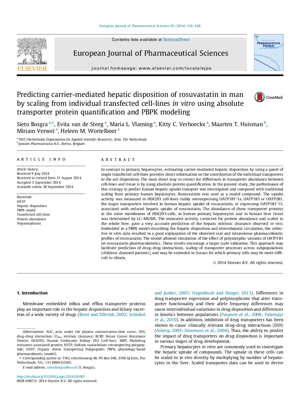 Predicting carrier-mediated hepatic disposition of rosuvastatin in man by scaling from individual transfected cell-lines in vitro using absolute transporter protein quantification and PBPK modeling