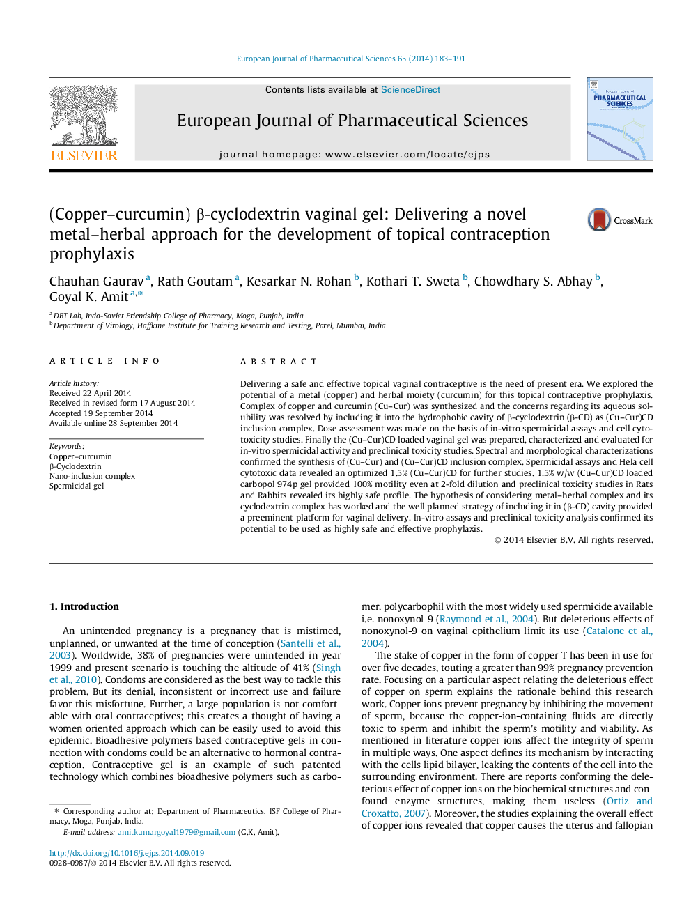 (Copper-curcumin) Î²-cyclodextrin vaginal gel: Delivering a novel metal-herbal approach for the development of topical contraception prophylaxis