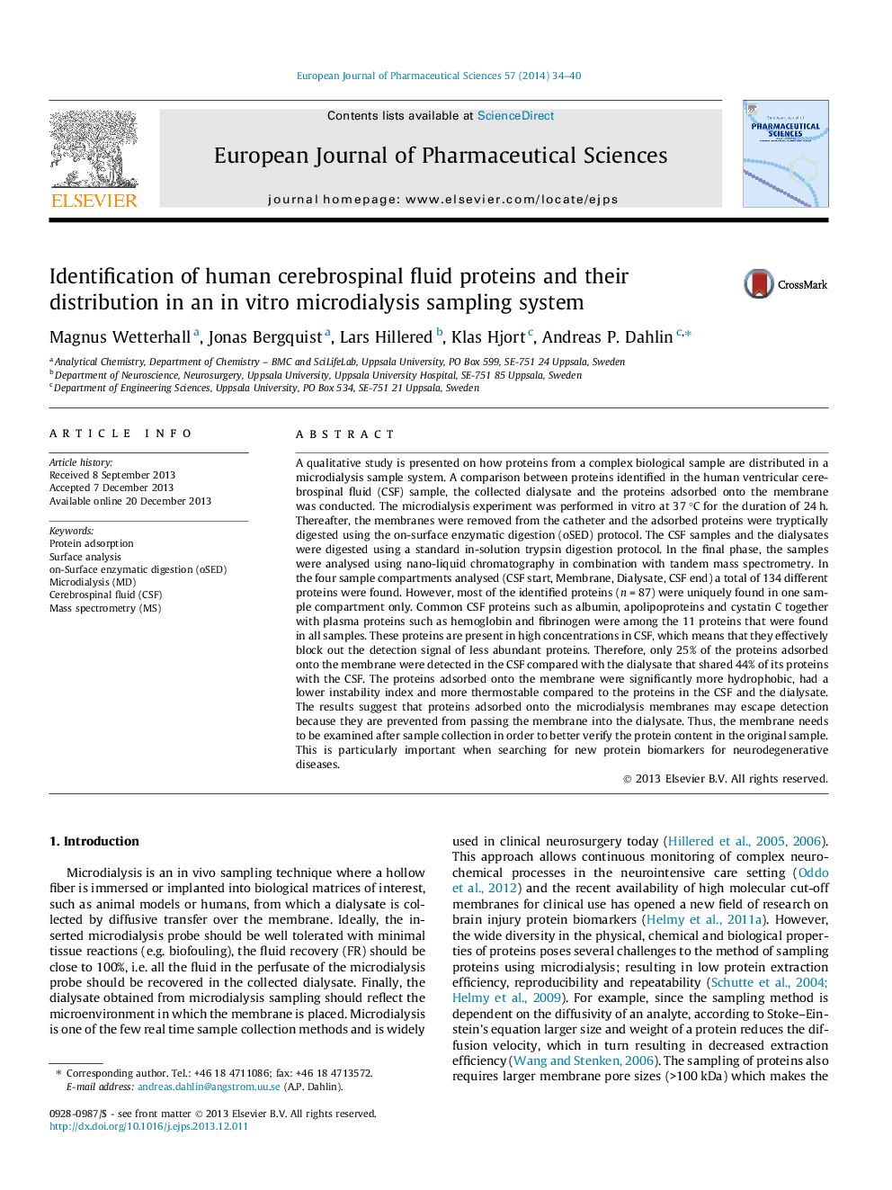 Identification of human cerebrospinal fluid proteins and their distribution in an in vitro microdialysis sampling system