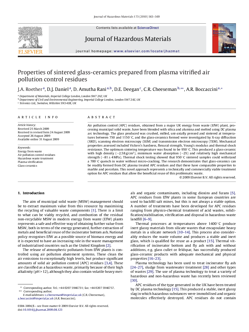 Properties of sintered glass-ceramics prepared from plasma vitrified air pollution control residues