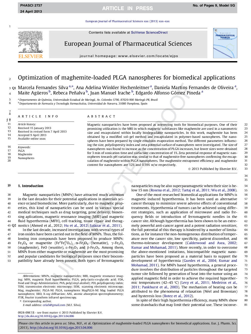 عکس صفحه اول مقاله: Optimization of maghemite-loaded PLGA nanospheres for biomedical applications Optimization of maghemite-loaded PLGA nanospheres for biomedical applications